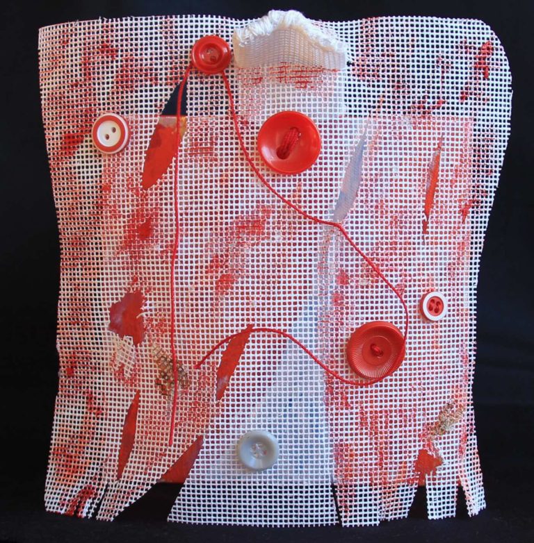 Mixed media artwork with white mesh screen, big red buttons, and small red and white buttons