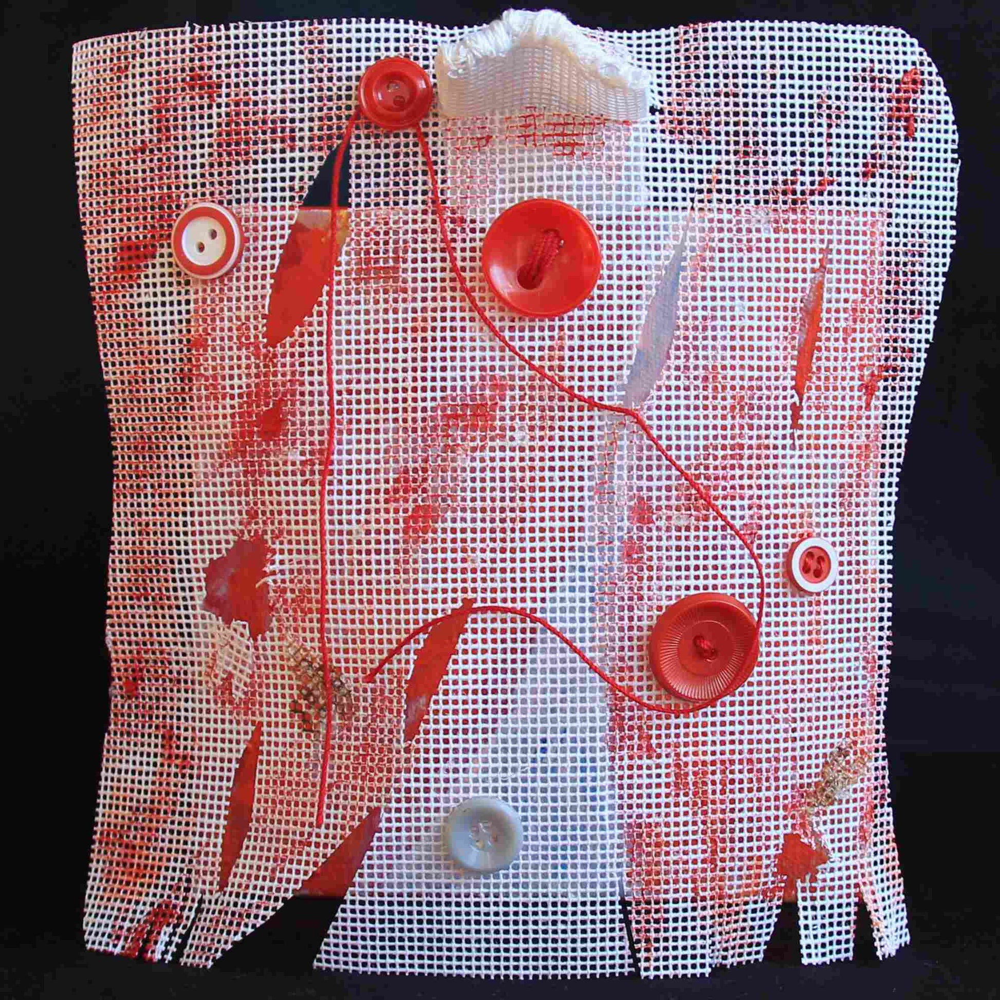 Red and white mixed media piece Red Coat Remembered, red buttons and thread, white grid, closeup