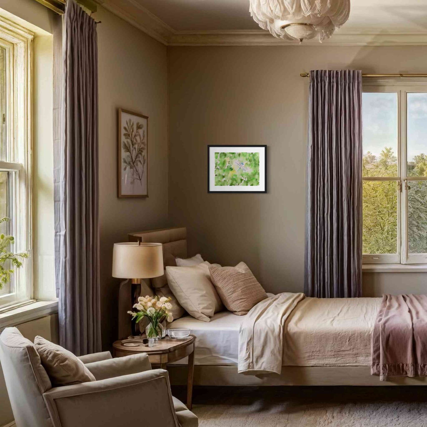 Shimmery, silvery dragonfly in green garden framed watercolor, distance view, elegant sunny bedroom