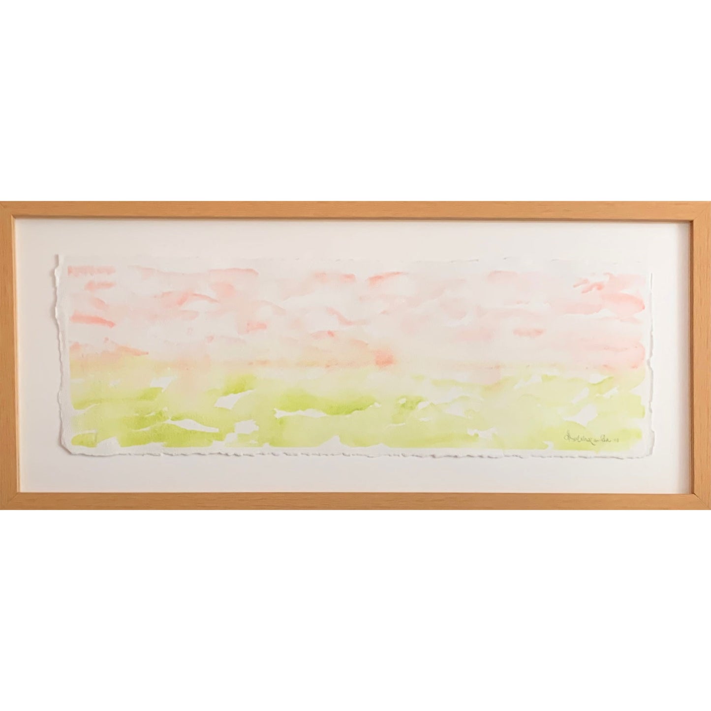 Spring Morning pink green horizon watercolor painting, closeup, framing, textured paper edges  