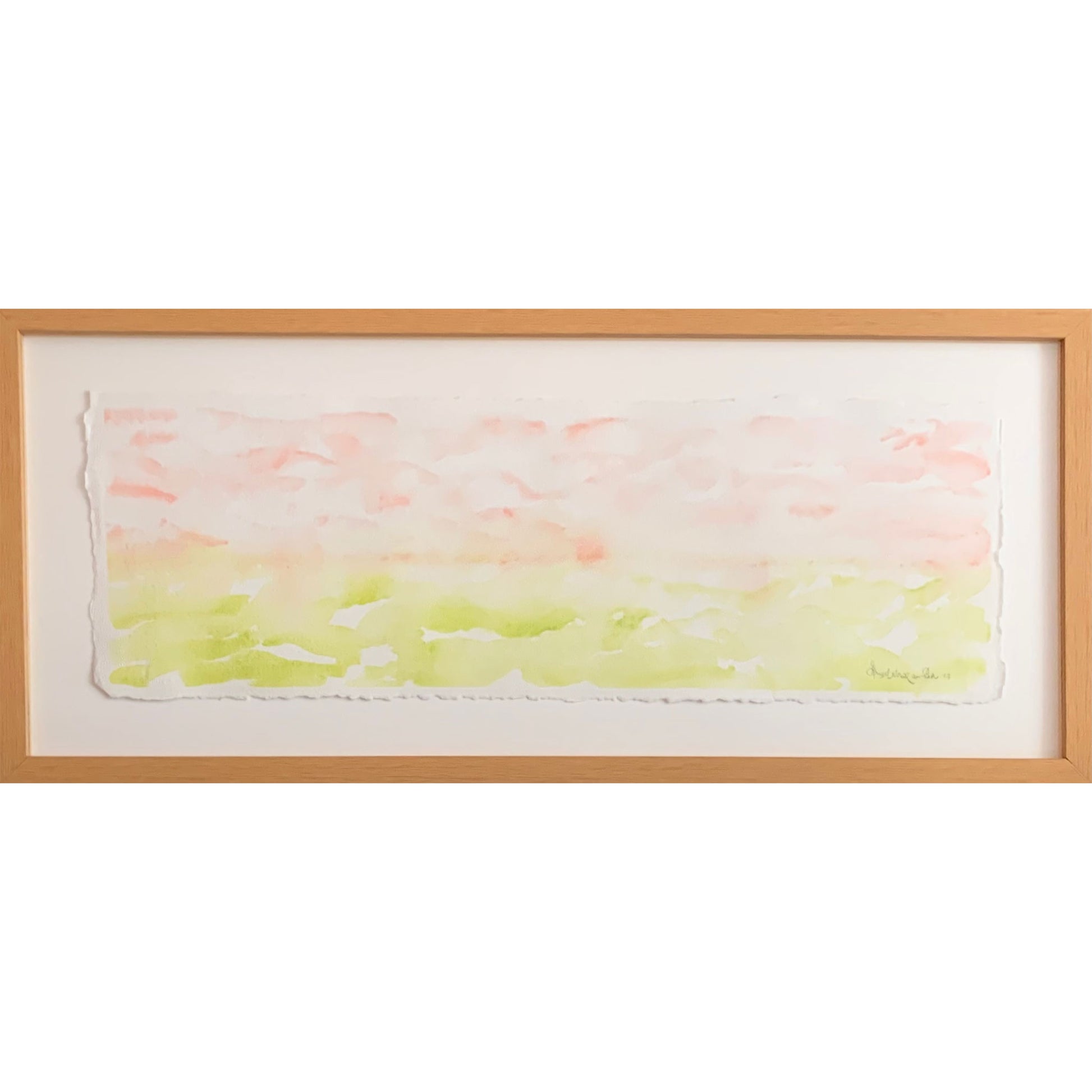 Spring Morning pink green horizon watercolor painting, closeup, framing, textured paper edges  