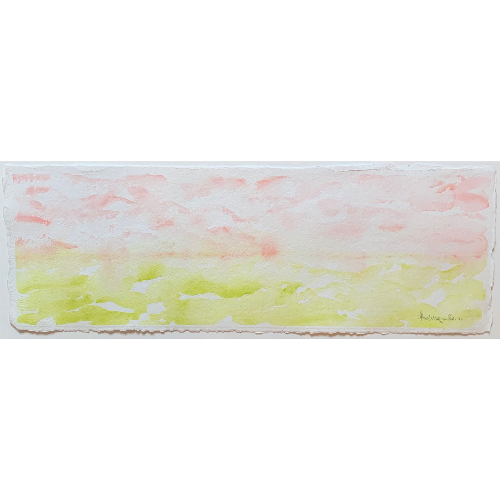 Spring Morning pink green horizon watercolor painting, closeup, paper's highly textured, torn edges