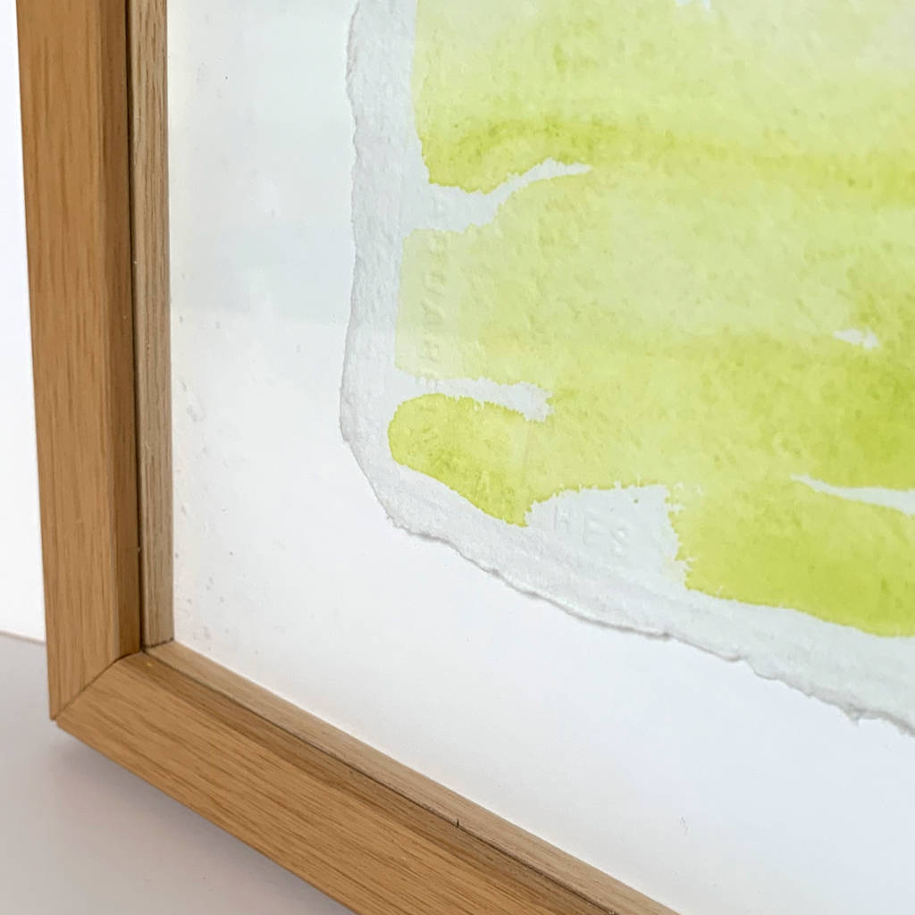 Spring Morning pink green horizon watercolor landscape painting, closeup lower left frame corner