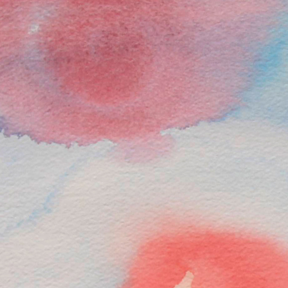 Whimsy red and blue horizon watercolor painting, closeup detail view, upper left red bubble